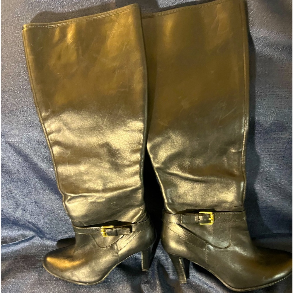 Ralph Lauren Black Leather Gold Buckles Heeled Boots SIZE 7